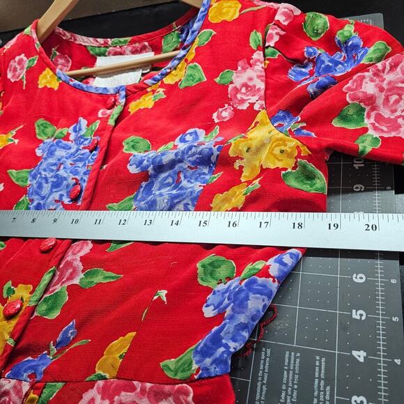 Vintage Richard Warren Silk Blouse Women Sz 10 Red Peplum 80s Glam Floral Girly - Picture 7 of 9